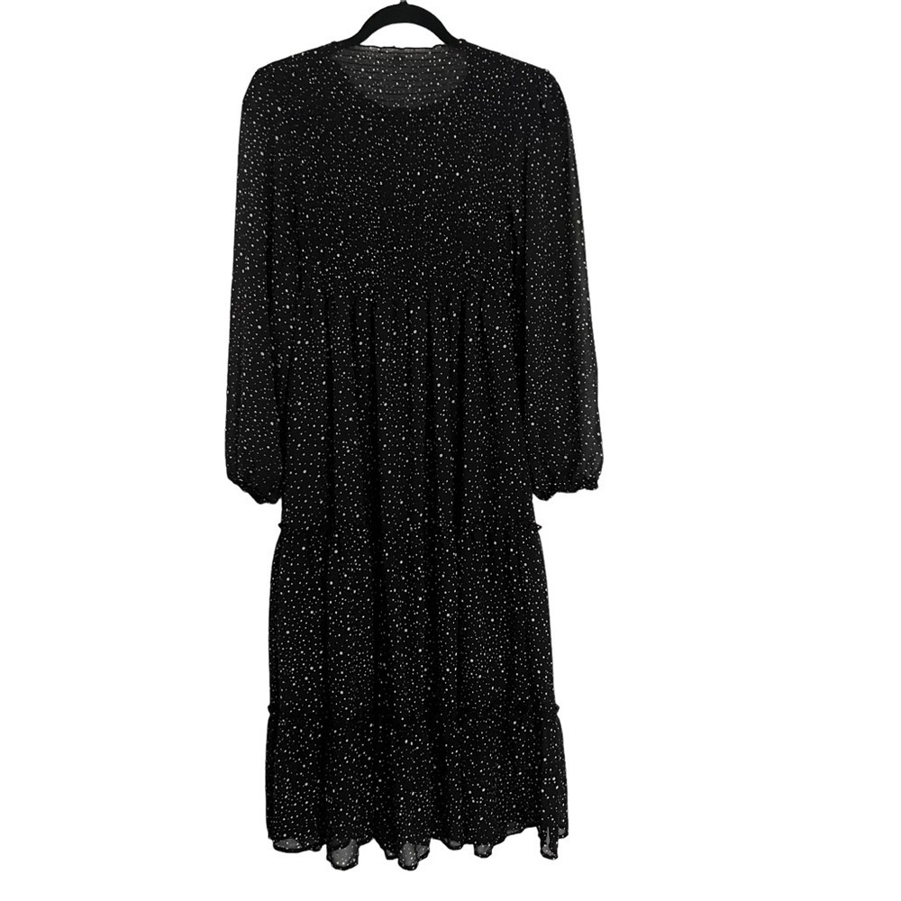 Black Polka Dot Smocked Long Sleeve Maxi Dress Medium